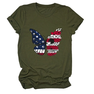 Detail of army green T-shirt featuring creative butterfly print with US flag and flowers