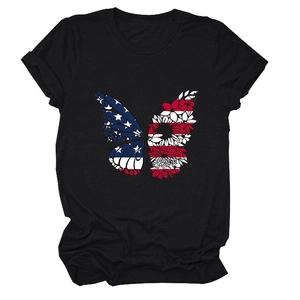 Detail of butterfly print with US flag and floral pattern on a black crew neck T-shirt