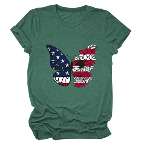 Detail of dark green t-shirt featuring artistic butterfly print with American flag motifs