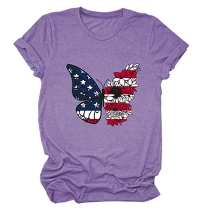 Close-up of purple summer T-shirt featuring butterfly print with USA flag wing and flowers