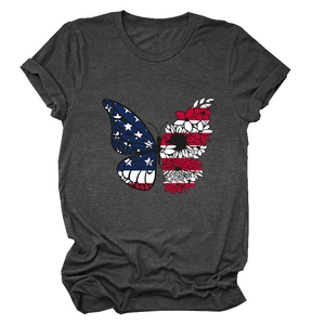Detail of grey crewneck T-shirt showing butterfly print with US flag and floral wings