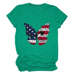 Detail of teal t-shirt featuring butterfly print with American flag stars and stripes pattern