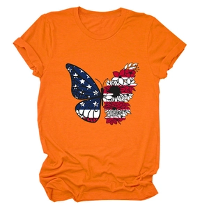 Detail of butterfly print with American flag and floral patterns on orange T-shirt