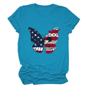 Close-up of butterfly print with floral and US flag patterns on a blue summer t-shirt