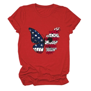 Detailed view of American flag butterfly and floral print on red cotton T-shirt