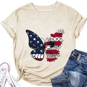 Butterfly American Flag Floral Print Women Short Sleeve Crew Neck T-Shirt Casual Summer Cotton Blend Top