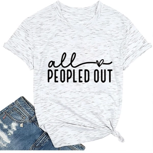 Detail of white textured T-shirt with 'all PEOPLED OUT' print and side knot design
