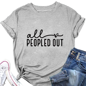 Flat lay of gray crew neck T-shirt with 'all PEOPLED OUT' print and casual jeans