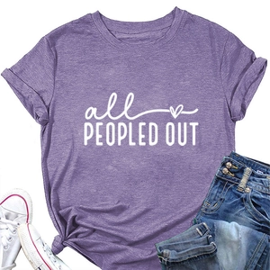 Detailed flat lay of purple cotton blend T-shirt with white All Peopled Out lettering