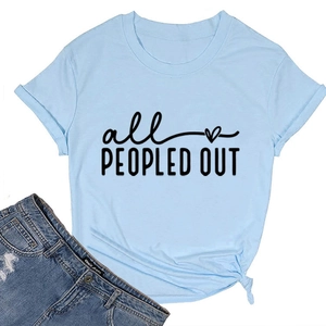 Detail of light blue cotton T-shirt with 'all PEOPLED OUT' slogan and side knot detail