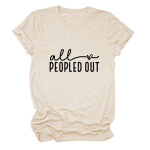 Detail of oatmeal crew neck T-shirt with all PEOPLED OUT slogan and heart print