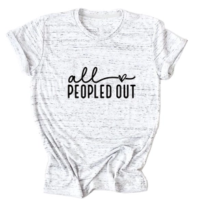 Detail of all PEOPLED OUT slogan print and heart design on white heathered t-shirt