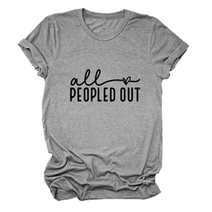 Detail of rolled cuffs and 'all peopled out' heart print on grey cotton t-shirt
