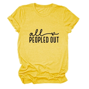 Close-up of rolled cuffs and cotton knit fabric on yellow All Peopled Out t-shirt