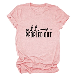 Detail of pink cotton T-shirt featuring all PEOPLED OUT text and hand-drawn heart graphic