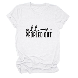 Detail of all PEOPLED OUT slogan print on a white cotton crew neck t-shirt for women