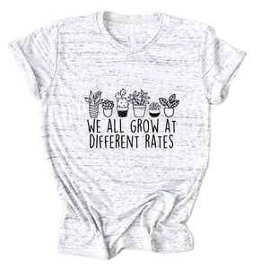 Detail of grey marl T-shirt featuring six potted plant sketches and inspirational text