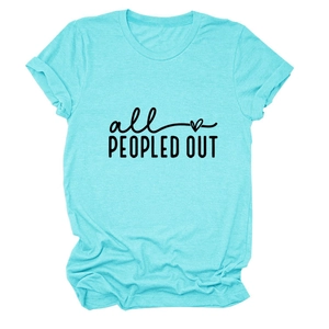 Detail of light blue heather t-shirt with all PEOPLED OUT slogan and heart icon