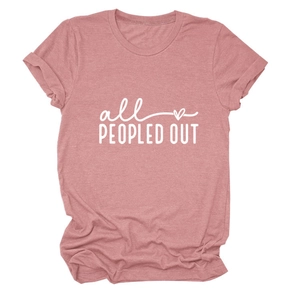 Detail of soft pink cotton t-shirt fabric with white 'all PEOPLED OUT' screen print text