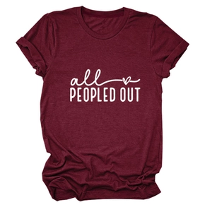 Detail of burgundy crew neck t-shirt with all peopled out white printed slogan