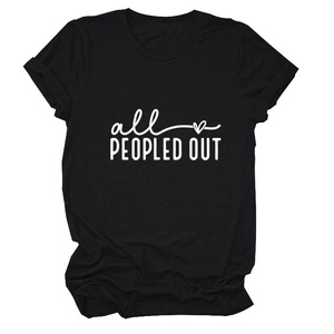 Close-up of All Peopled Out slogan print on black cotton short sleeve crew neck T-shirt