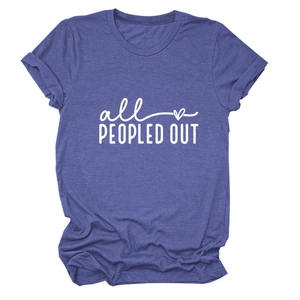 Detail of lavender cotton T-shirt featuring all PEOPLED OUT text and heart print