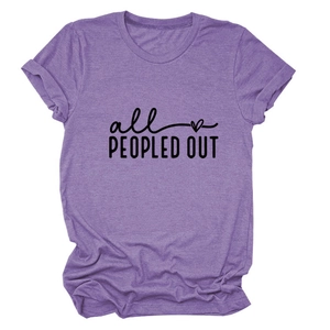 Purple heather crew neck T-shirt with 'all PEOPLED OUT' print and heart design