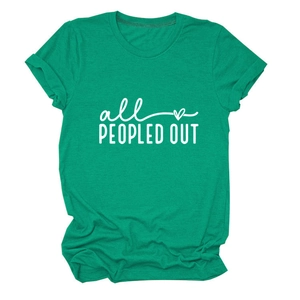 Close-up of All Peopled Out slogan print on bright green cotton short sleeve t-shirt