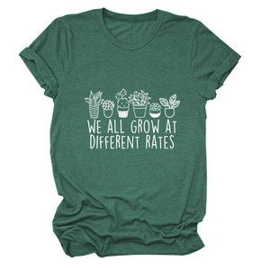 Dark green crewneck T-shirt with We All Grow At Different Rates succulent print