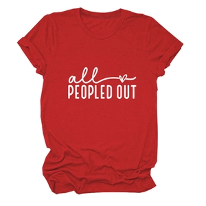 Flat lay of red cotton T-shirt with white All Peopled Out text and heart print detail