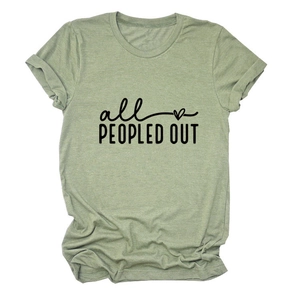 Minimalist green cotton T-shirt with All Peopled Out print and heart graphic