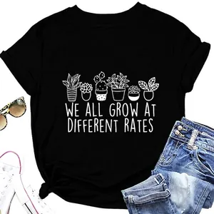 Women T-Shirt Short Sleeve Round Neck Cotton Blend Succulent Print We All Grow At Different Rates Slogan Casual Summer