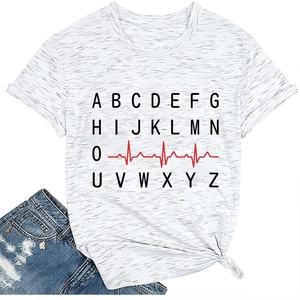 Close-up of heart-rate print on grey melange t-shirt with side knot detail and denim shorts
