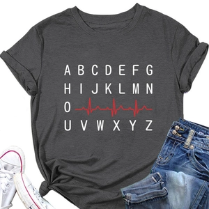 Close-up of a dark grey t-shirt featuring a white alphabet print with a red heartbeat line