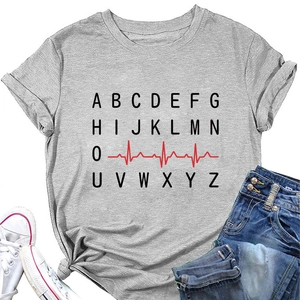 Macro detail of heartbeat line and alphabet print on grey cotton crewneck T-shirt