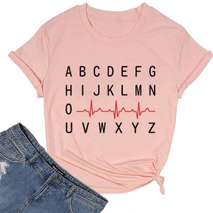 Detail of pink cotton T-shirt featuring heartbeat graphic and front hem tie knot design