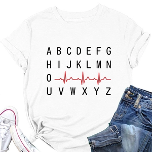 Detail of white cotton T-shirt featuring alphabetical grid and red heartbeat print