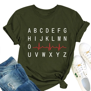 Flat lay of army green t-shirt with creative heartbeat and alphabet print design