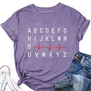 Detail of greyish-purple short-sleeve tee with white letters and red heartbeat print