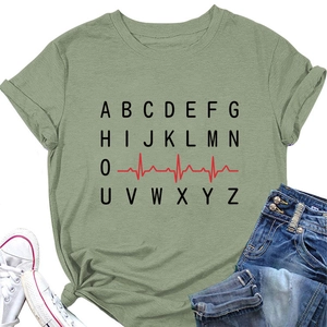 Detail of sage green T-shirt with A-Z alphabet and red heartbeat graphic print