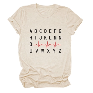 Oatmeal short sleeve T-shirt with alphabet print and red EKG heartbeat line design