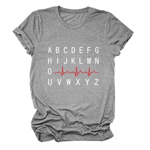 Close-up of grey cotton t-shirt featuring a creative white letter and red heartbeat print