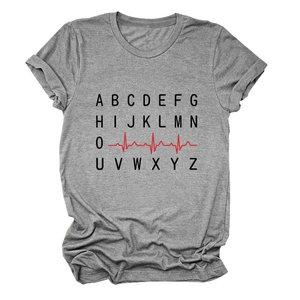 Detail of grey cotton T-shirt featuring minimalist alphabet and red heartbeat print