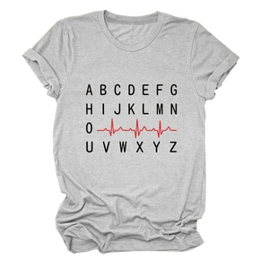 Detail of grey marl T-shirt featuring creative black alphabet and red heartbeat print