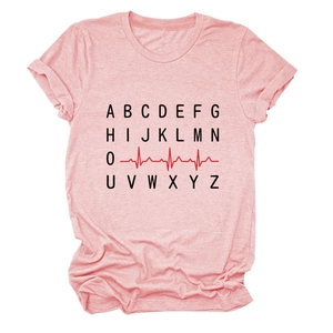 Pink crew neck t-shirt for women featuring black alphabet and red heartbeat graphic
