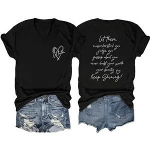 Dames Casual Katoenmix V-Hals T-Shirt Losse Korte Mouw Top Letter Hart Grafische Print Motiverende Tee