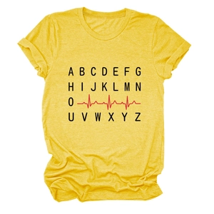 Detailed view of yellow cotton t-shirt with creative ECG pulse and letter graphic