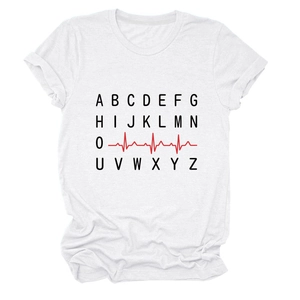 Detail shot of the minimalist white cotton T-shirt featuring an ECG and alphabet print
