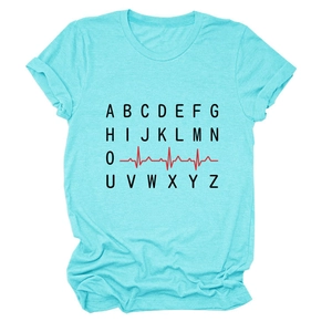 Detail of turquoise t-shirt featuring black alphabet matrix and red heartbeat line graphic