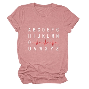 Detail of pink heathered fabric and creative white alphabet print with red heartbeat line